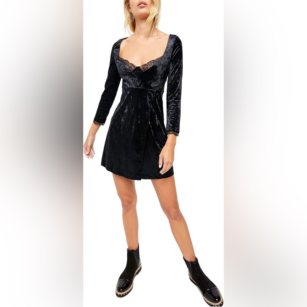 NWT Free People Kat Black Velvet Minidress